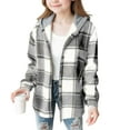 thumbnail image 1 of Lenpel Girls' Plaid Shackets Children Fleece Long Sleeve Curved Hem Button down Hoodies Warm Outwear Coats with Pockets(Gray,14-15 Years), 1 of 4
