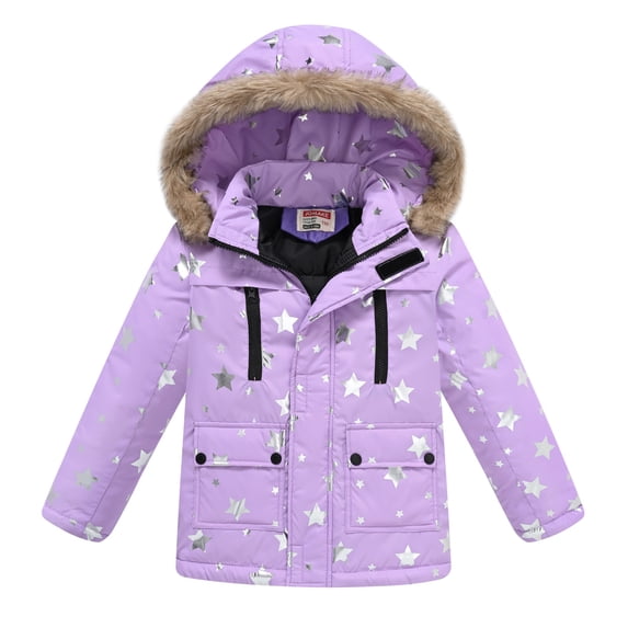 Lenpel Girls' Puffer Jackets Long Sleeve Zip up Hooded Graphic Windbreaker Winter Coat Warm Outwear with Pockets