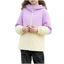 Lenpel Girls' Rain Jackets Long Sleeve Color Block Zip up Hooded Windbreaker Jackets Casual Outwear Raincoats for Children(Purple,14-15 Years)