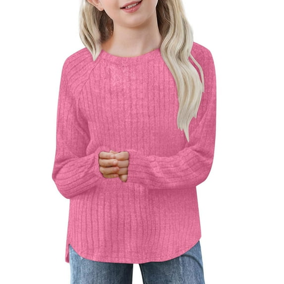 Lenpel Girls' Ribbed Knit Tops Long Sleeve Crew Neck Soft Casual Pullover Tunic Shirts Fall Winter Clothes
