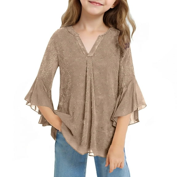 Lenpel Girls' Sequin Mesh Tops Ruffle Bell 3/4 Sleeve V Neck Pleated Sparkly Tunic Shirts Dressy Casual Blouses(Beige,3-4 Years)