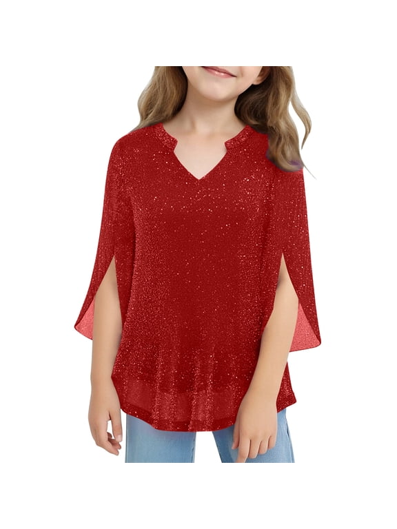 Girls' Sequin Mesh Tops Split Bell 3/4 Sleeve V Neck Tiered Layered Sparkly Tunic Shirts Dressy Casual Blouses(Red,11-12 Years)