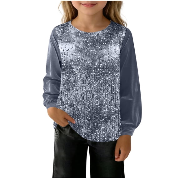 Lenpel Girls' Sequin Velvet Tops Long Sleeve Crew Neck Patchwork Sparkly Vintage Casual Shirts Glitter Velour Blouses(Gray,11-12 Years)