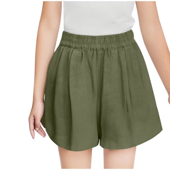 Lenpel Girls' Shorts Trendy Elastic Waist Pull on Wide Leg Cotton Linen Shorts Summer Casual Shorts 8-15 Y