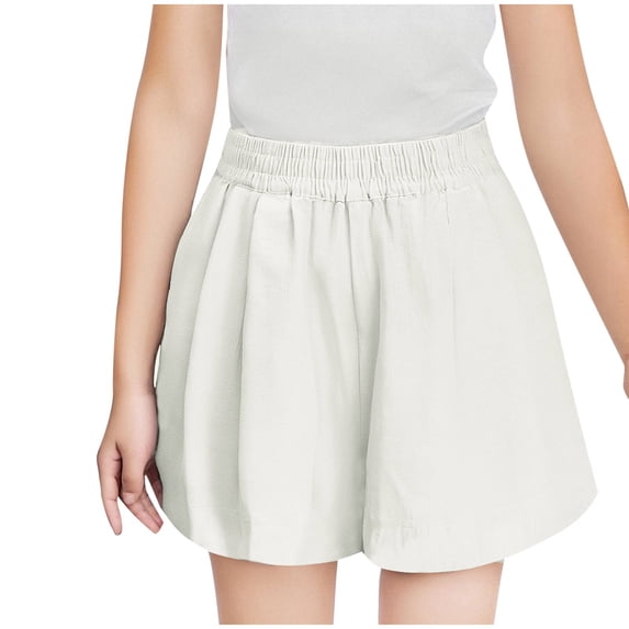 Lenpel Girls' Shorts Trendy Elastic Waist Pull on Wide Leg Cotton Linen Shorts Summer Casual Shorts 8-15 Y
