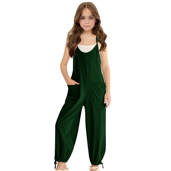 Lenpel Girls' Sleeveless Jumpsuits Casual Spaghetti Strap Scoop Neck Cinch Bottom Long Pant Rompers One Piece Outfits with Pockets(Green,13-14 Years)