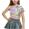 thumbnail image 1 of Lenpel Girls' Sparkly Crop Tops Shiny off One Shoulder Short Sleeve Sequin Shirts Children Performance Dancewear Tops 3-16 Y, 1 of 4