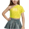 thumbnail image 1 of Lenpel Girls' Sparkly Crop Tops Shiny off One Shoulder Short Sleeve Sequin Shirts Children Performance Dancewear Tops 3-16 Y, 1 of 4