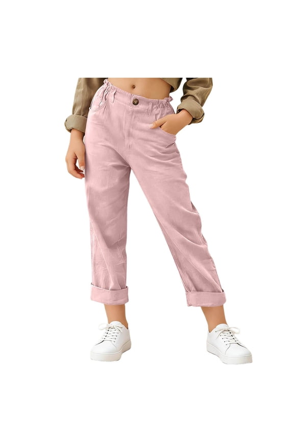 Girls' Straight Leg Pants Ruffle Elastic High Waisted Zipper Button Cropped Pants Lightweight Casual Trousers with Pockets
