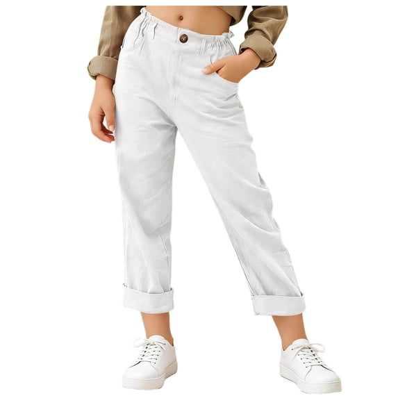 Lenpel Girls' Straight Leg Pants Ruffle Elastic High Waisted Zipper Button Cropped Pants Lightweight Casual Trousers with Pockets