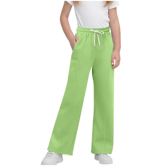 Lenpel Girls' Straight Leg Sweatpants Children Elastic High Waisted Drawstring Lounge Pants Casual Baggy Joggers with Pockets(Green,14-15 Years)