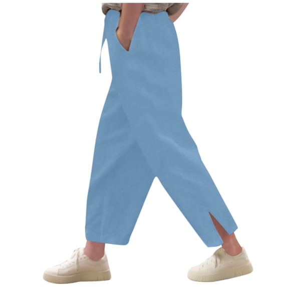 Lenpel Girls' Summer Pants Loose Elastic Waist Drawstring Side Split Wide Leg Pants Lightweight Casual Trousers with Pockets
