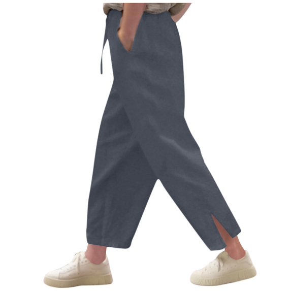 Lenpel Girls' Summer Pants Loose Elastic Waist Drawstring Side Split Wide Leg Pants Lightweight Casual Trousers with Pockets