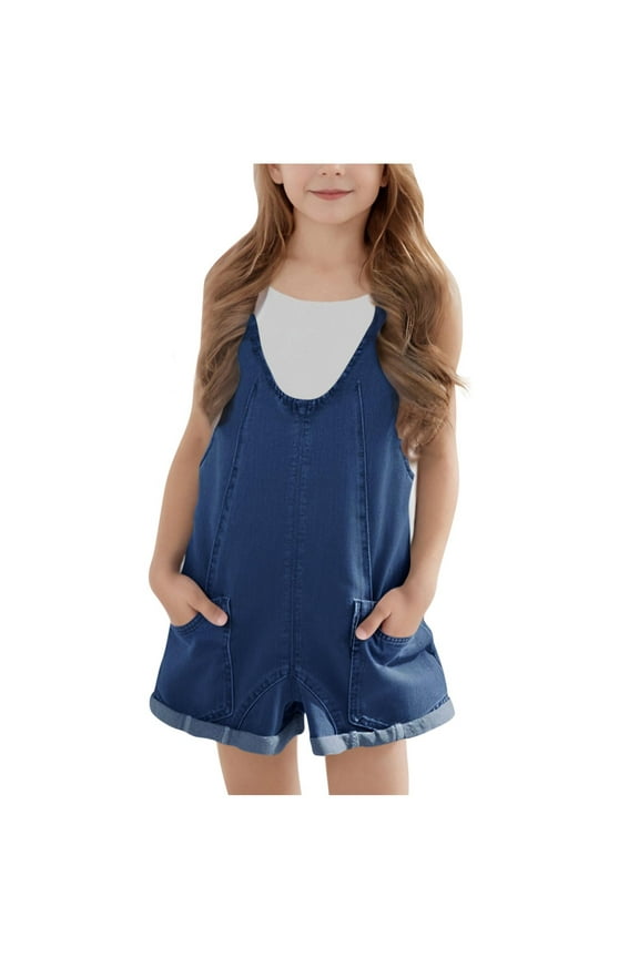 Girls' Summer Rompers Casual Sleeveless Adjustable Strap V Neck Backless Jumpsuits Fashion Overall Shorts with Pockets