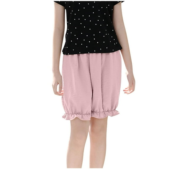 Lenpel Girls' Summer Shorts Lightweight Cotton Elastic Waist Ruffle Hem Lantern Casual Shorts Knee Length Shorts 4-14 Y