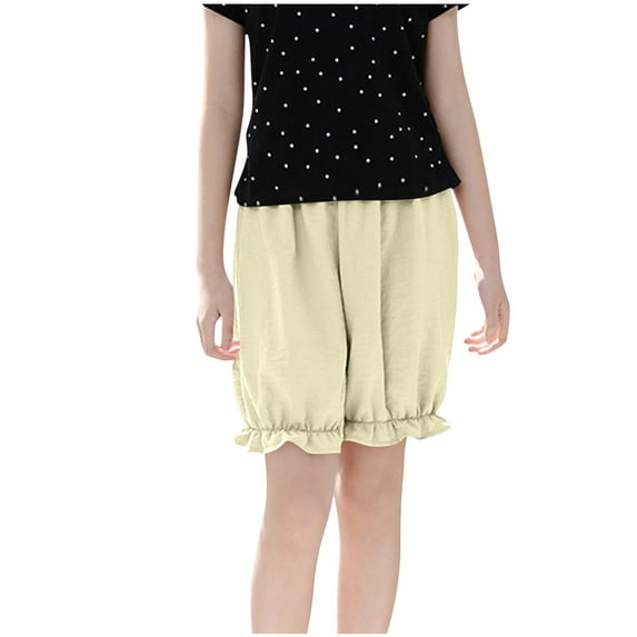 Lenpel Girls' Summer Shorts Lightweight Cotton Elastic Waist Ruffle Hem Lantern Casual Shorts Knee Length Shorts 4-14 Y