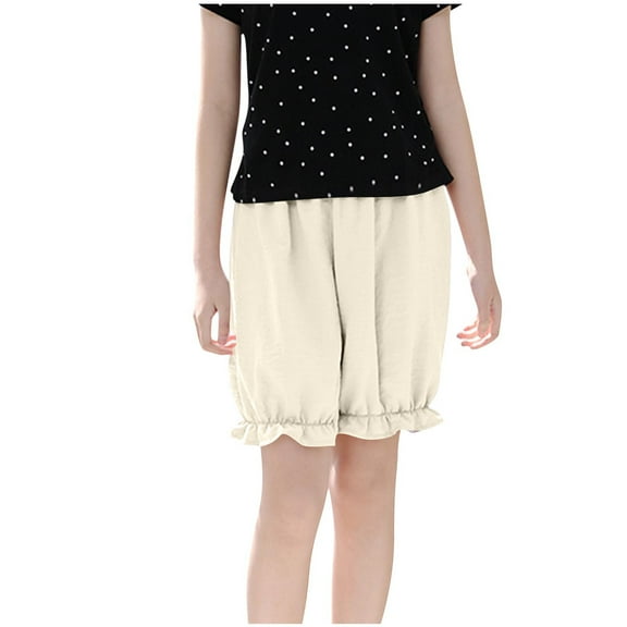 Lenpel Girls' Summer Shorts Lightweight Cotton Elastic Waist Ruffle Hem Lantern Casual Shorts Knee Length Shorts 4-14 Y