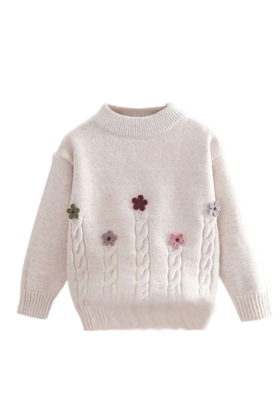 Girls' Sweaters Crew Neck Long Sleeve Floral Embroidered Pullover Knit Sweater Tops Kids Fall Winter Clothes(Beige,3-4 Years)