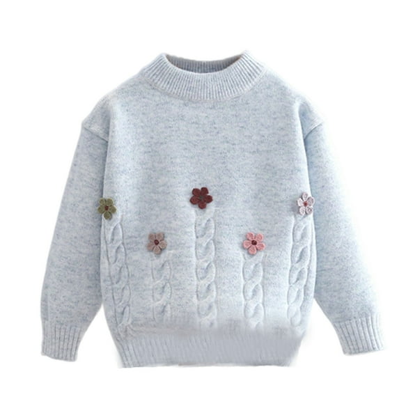 Lenpel Girls' Sweaters Crew Neck Long Sleeve Floral Embroidered Pullover Knit Sweater Tops Kids Fall Winter Clothes(Sky Blue,11-12 Years)