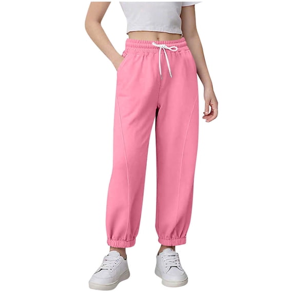 Lenpel Girls' Sweatpants Elastic High Waisted Drawstring Active Joggers Soft Casual Athletic Pants with Pockets for Children(Pink,12-13 Years)