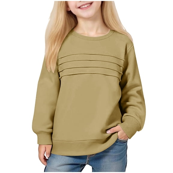 Lenpel Girls' Sweatshirts Toddler Long Sleeve Crew Neck Pleated Casual Pullover Tops Spring Fall Fashion Clothes for Children(Khaki,3-4 Years)
