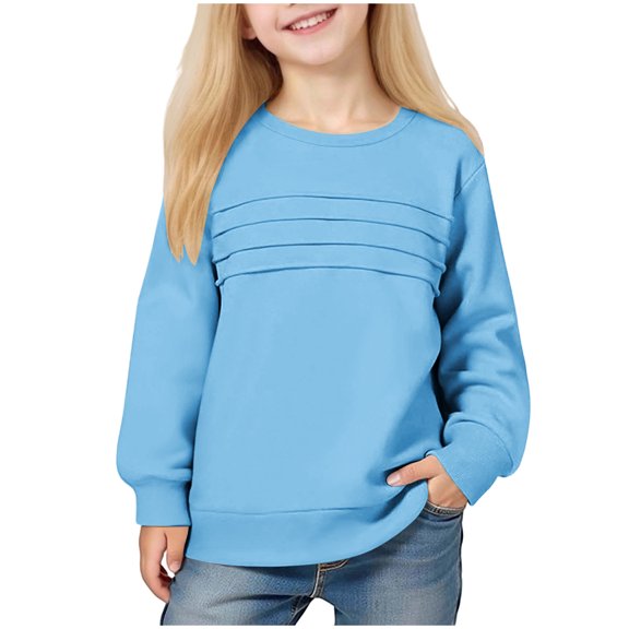 Lenpel Girls' Sweatshirts Toddler Long Sleeve Crew Neck Pleated Casual Pullover Tops Spring Fall Fashion Clothes for Children(Light Blue,2-3 Years)