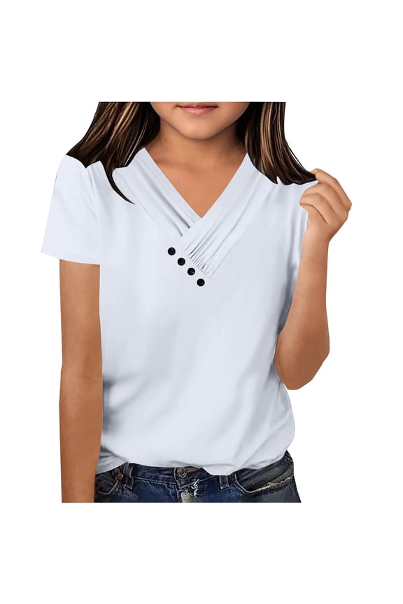 Girls' T Shirts Casual Short Sleeve Crossover V Neck Solid Color Loose Tunic Tops Summer Fashion Tees