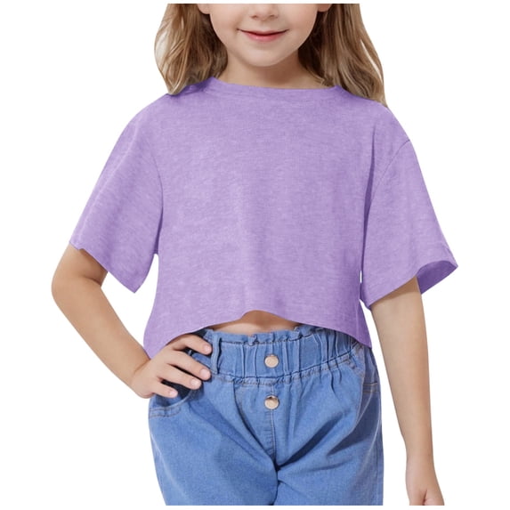 Lenpel Girls' T Shirts Children Summer Short Sleeve Crew Neck Solid Color Crop Tops Basic Casual Tees 5-15 Years