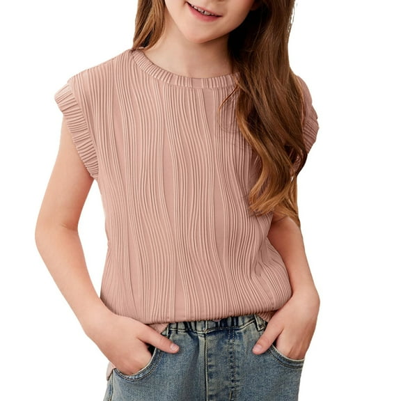 Lenpel Girls' Tank Tops Casual Loose Cap Sleeve Crew Neck Solid Color Textured T Shirts Summer Tee Blouses
