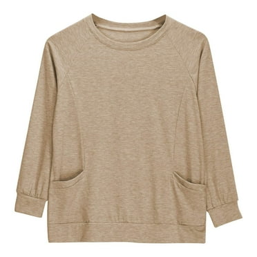 Lenpel Girls' Tunic Tops Oversized Solid Color Crew Neck Long Sleeve Shirts with Pockets Casual Loose T-Shirts