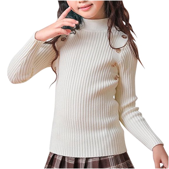 Lenpel Girls' Turtleneck Sweaters Long Sleeve Button Solid Color Ribbed Knitted Pullover Tops Fall Winter Clothes