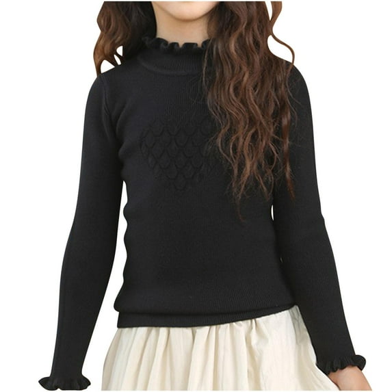 Lenpel Girls' Turtleneck Sweaters Long Sleeve Ruffle Solid Color Soft Warm Knit Pullover Tops Fall Winter Clothes