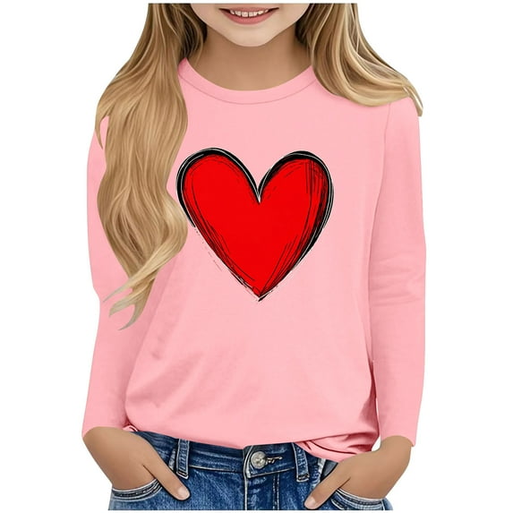 Lenpel Girls' Valentine's Day T-Shirts Long Sleeve Crew Neck Heart Graphic Tee Tops Children Printed Blouses(Brown,11-12 Years)