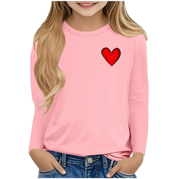 Lenpel Girls' Valentine's Day T-Shirts Long Sleeve Crew Neck Heart Graphic Tee Tops Children Printed Blouses(Hot Pink,7-8 Years)