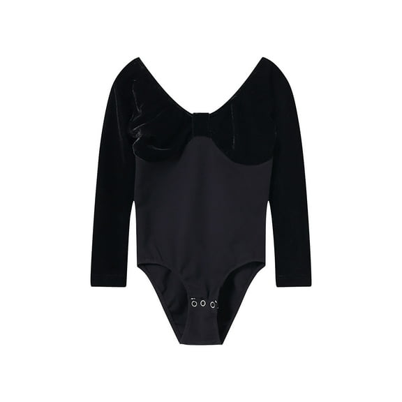 Lenpel Girls' Velvet Leotards Toddler V Neck Patchwork Long Sleeve Performance Ballet Bodysuits One Piece Dancewear Outfits(Black,2-3 Years)