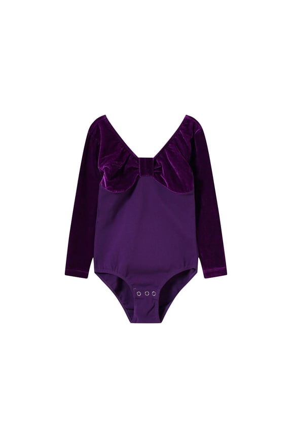Girls' Velvet Leotards Toddler V Neck Patchwork Long Sleeve Performance Ballet Bodysuits One Piece Dancewear Outfits(Purple,6-7 Years)