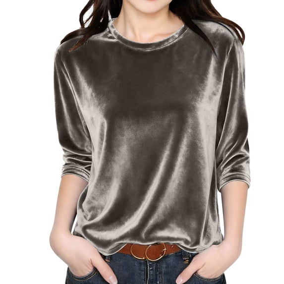 Lenpel Girls' Velvet Tops 3/4 Length Sleeve Crew Neck Loose Vintage Tunic Shirts Dressy Casual Velour Blouses(Gray,5-6 Years)
