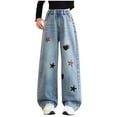 thumbnail image 1 of Lenpel Girls' Wide Leg Jeans Loose High Rise Elastic Waist Denim Pants Baggy Casual Trousers with Pockets 5-15 Y, 1 of 7