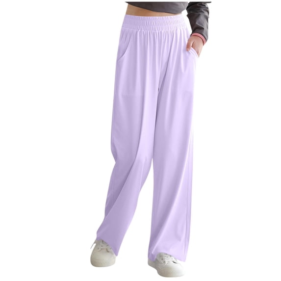 Lenpel Girls' Wide Leg Pants Children Lightweight Elastic High Waisted Loose Lounge Pants Baggy Causal Trousers with Pockets