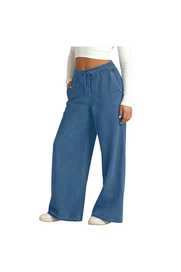 Girls' Wide Leg Pants Elastic High Waisted Drawstring Jean like Palazzo Pants Baggy Casual Trousers with Pockets