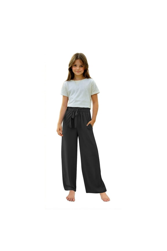 Girls' Wide Leg Pants Elastic High Waisted Tie Front Flowy Casual Trousers with Pockets Lightweight Summer Pants