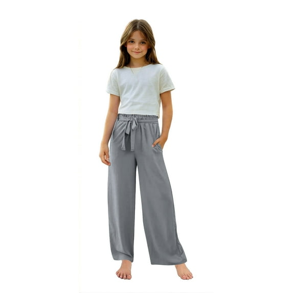 Lenpel Girls' Wide Leg Pants Elastic High Waisted Tie Front Flowy Casual Trousers with Pockets Lightweight Summer Pants
