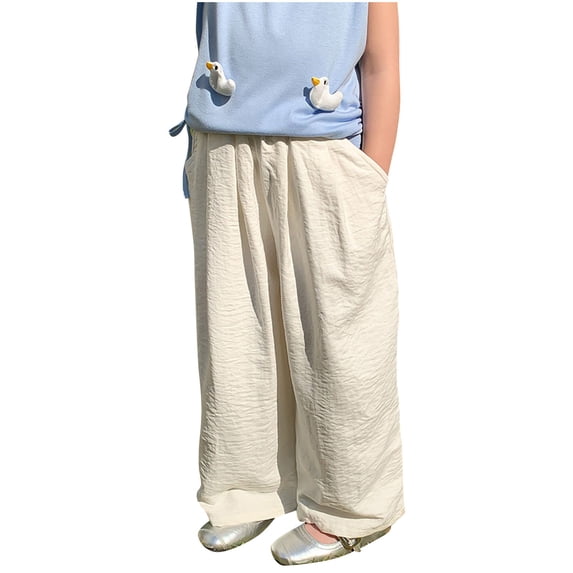 Lenpel Girls' Wide Leg Pants Toddler Baby Lightweight Elastic Waist Pull on Pants Baggy Summer Casual Trousers with Pockets 12 M-11 Y