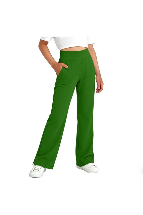 Girls' Yoga Pants Children High Waisted Pull on Side Split Straight Leg Pants Dance Casual Trousers with Pockets