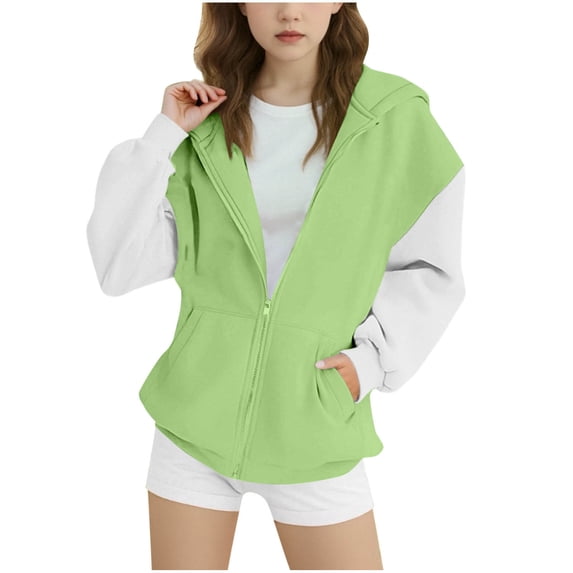 Lenpel Girls' Zip up Hoodies Casual Long Sleeve Color Block Oversized Hooded Sweatshirts Fleece Outwear Jackets with Pockets(Green,14-15 Years)