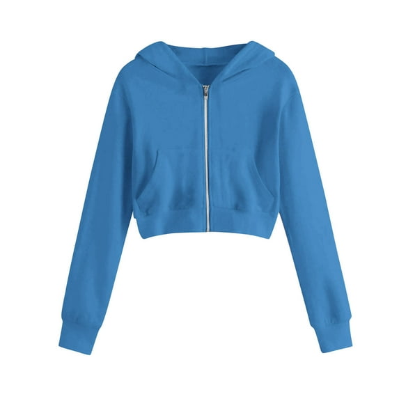 Lenpel Girls' Zip up Hoodies Casual Long Sleeve Cropped Sweatshirts Fleece Outwear Jackets with Pockets for Kids 5-14 Y(Blue,9-10 Years)