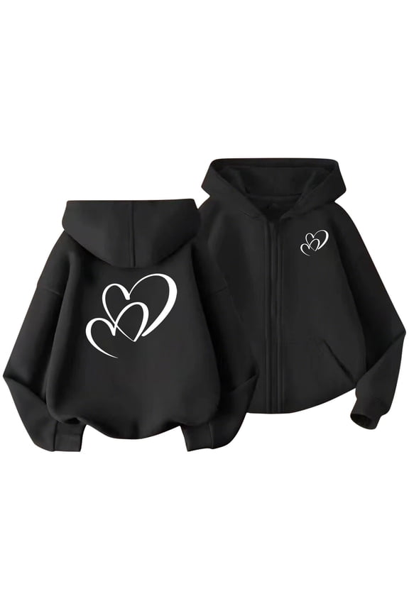 Girls' Zip up Hoodies Casual Long Sleeve Heart Printed Hooded Sweatshirts Fleece Outwear Jackets with Pockets(Black,10-11 Years)