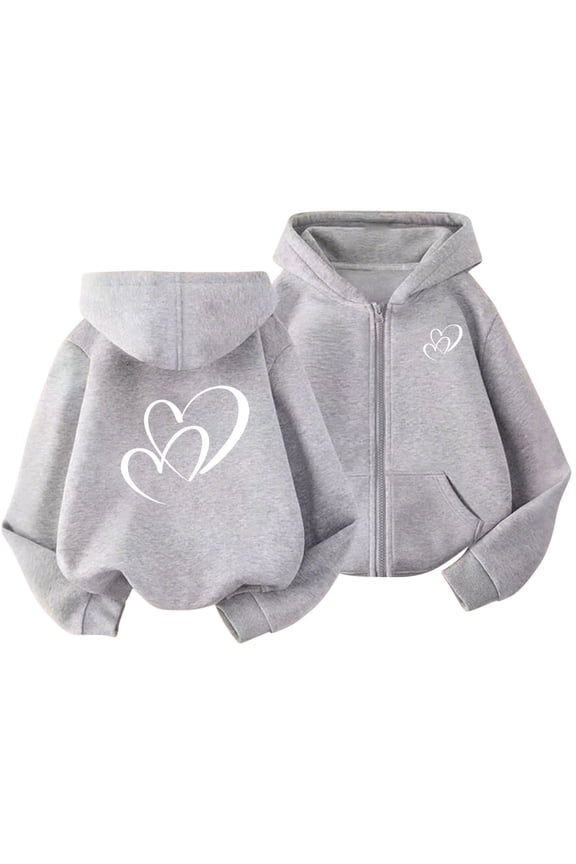 Girls' Zip up Hoodies Casual Long Sleeve Heart Printed Hooded Sweatshirts Fleece Outwear Jackets with Pockets(Gray,4-5 Years)