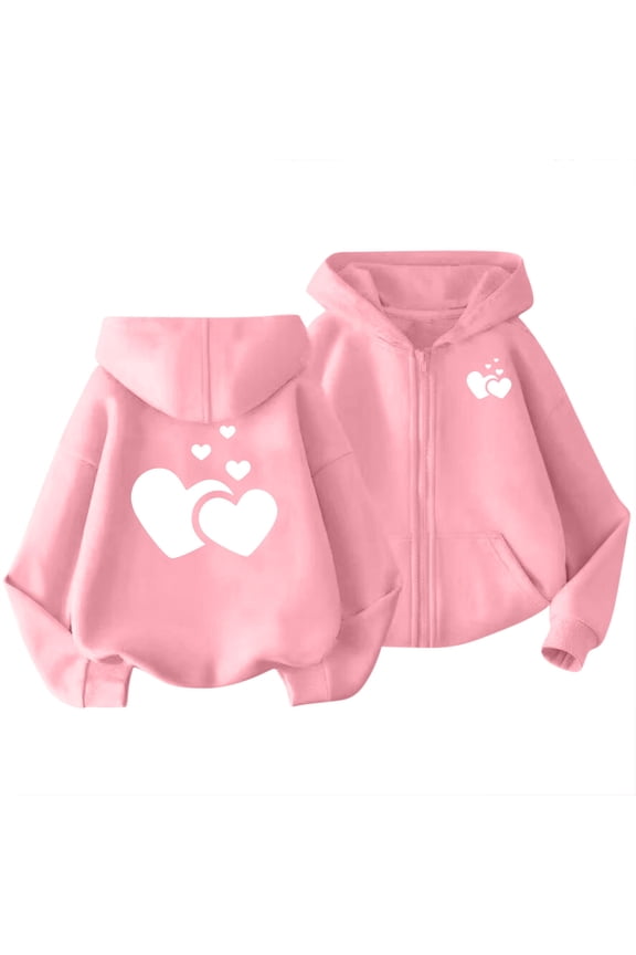Girls' Zip up Hoodies Casual Long Sleeve Heart Printed Hooded Sweatshirts Fleece Outwear Jackets with Pockets(Pink,12-13 Years)