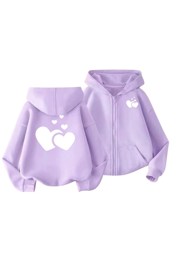 Girls' Zip up Hoodies Casual Long Sleeve Heart Printed Hooded Sweatshirts Fleece Outwear Jackets with Pockets(Purple,12-13 Years)
